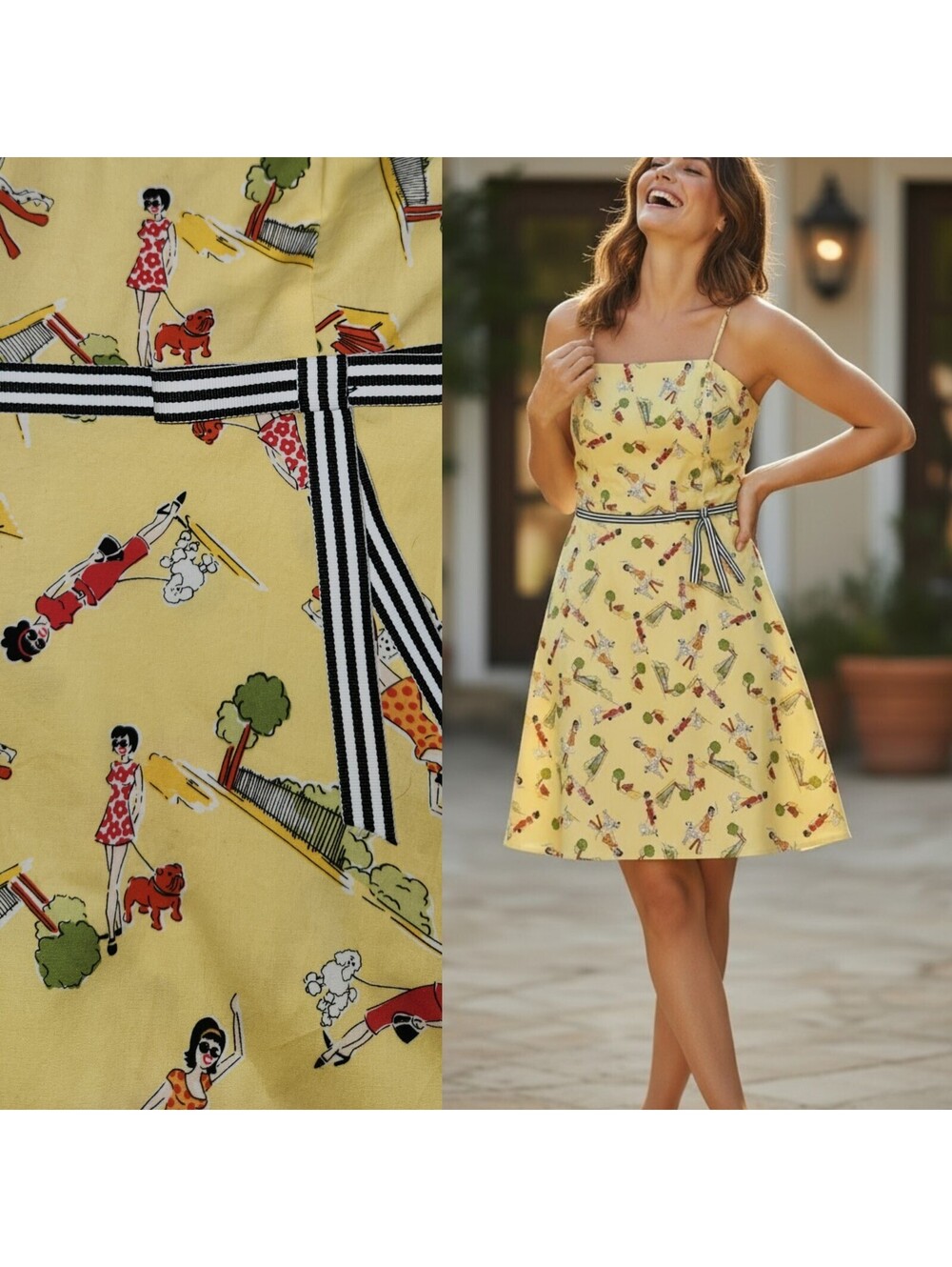 Studio Y Retro Inspired Novelty Print Dress Sz 9 Kitsch Poodle Rockabilly Yellow